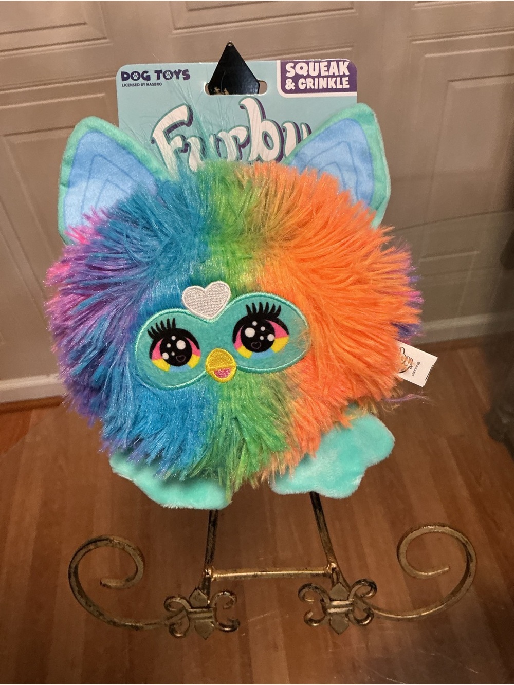 Furby Dog Toy Rainbow Plush Squeak & Crinkle | Colorful Pet Toy | 8”